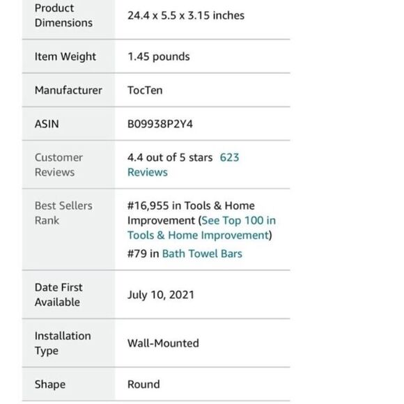 *NEW*Set Of 2 TocTen Stainless Steel Thicken Wall Mounted Double Bath Towel Bar - Picture 9 of 16